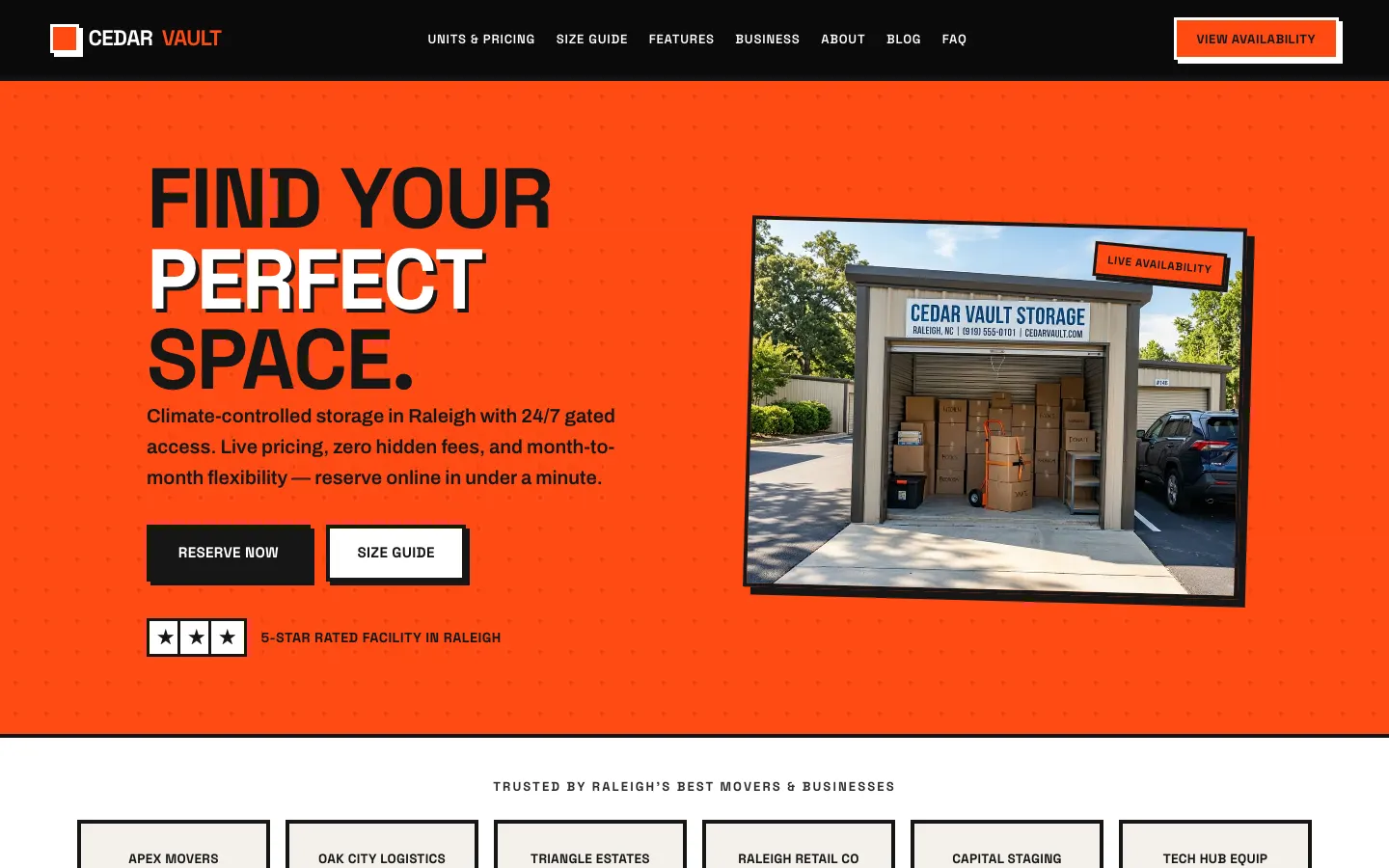 Screenshot of Cedar Vault Storage, a Self-Storage Facility website built on WorkspaceCMS — Live-Availability Reserve Flow + Size Guide.