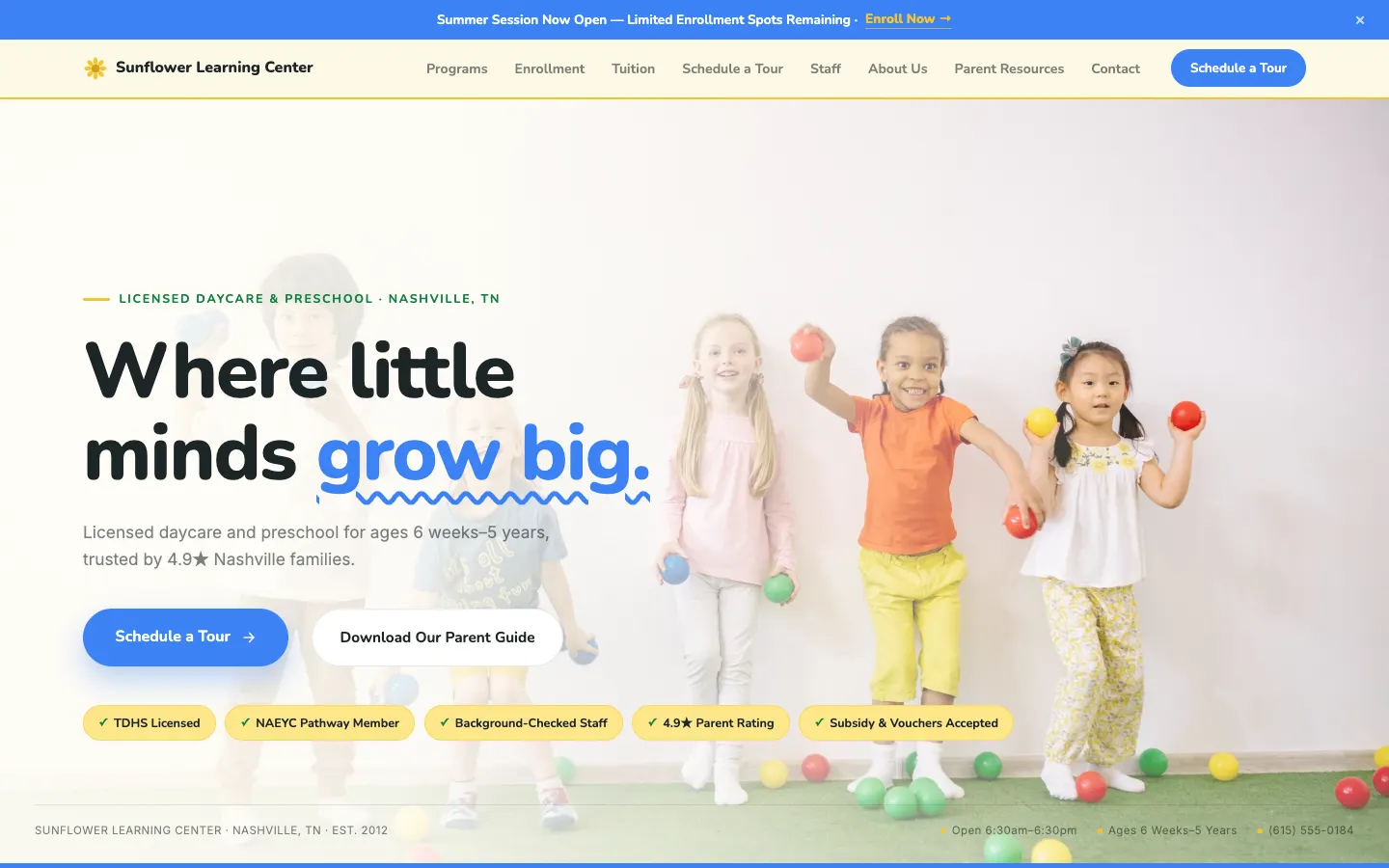 Screenshot of Sunflower Learning Center, a Childcare / Preschool website built on WorkspaceCMS — Enrollment Funnel + Parent Trust Signals.