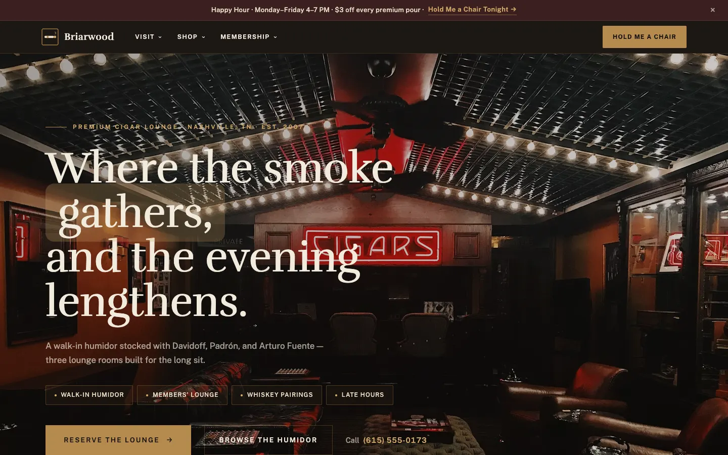 Screenshot of Briarwood Cigar Lounge, a Cigar & Smoke Shop website built on WorkspaceCMS — Walk-in Humidor + Members' Lockers.