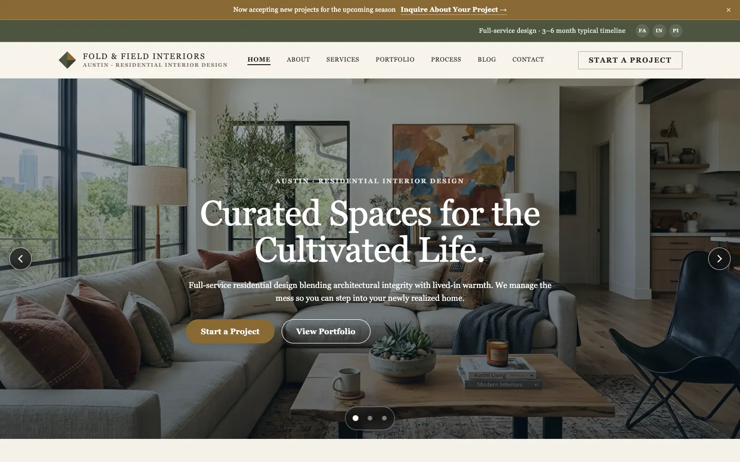 Screenshot of Fold & Field Interiors, a Interior Design website built on WorkspaceCMS — The Design Ladder Tiers + Room-by-Room Portfolio.