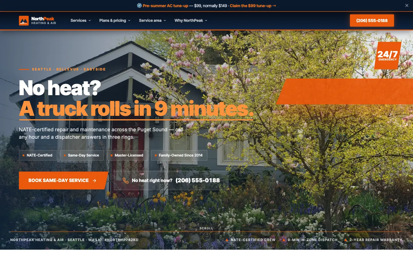 Screenshot of NorthPeak Heating & Air, a HVAC website built on WorkspaceCMS — Puget Sound Coverage Map.