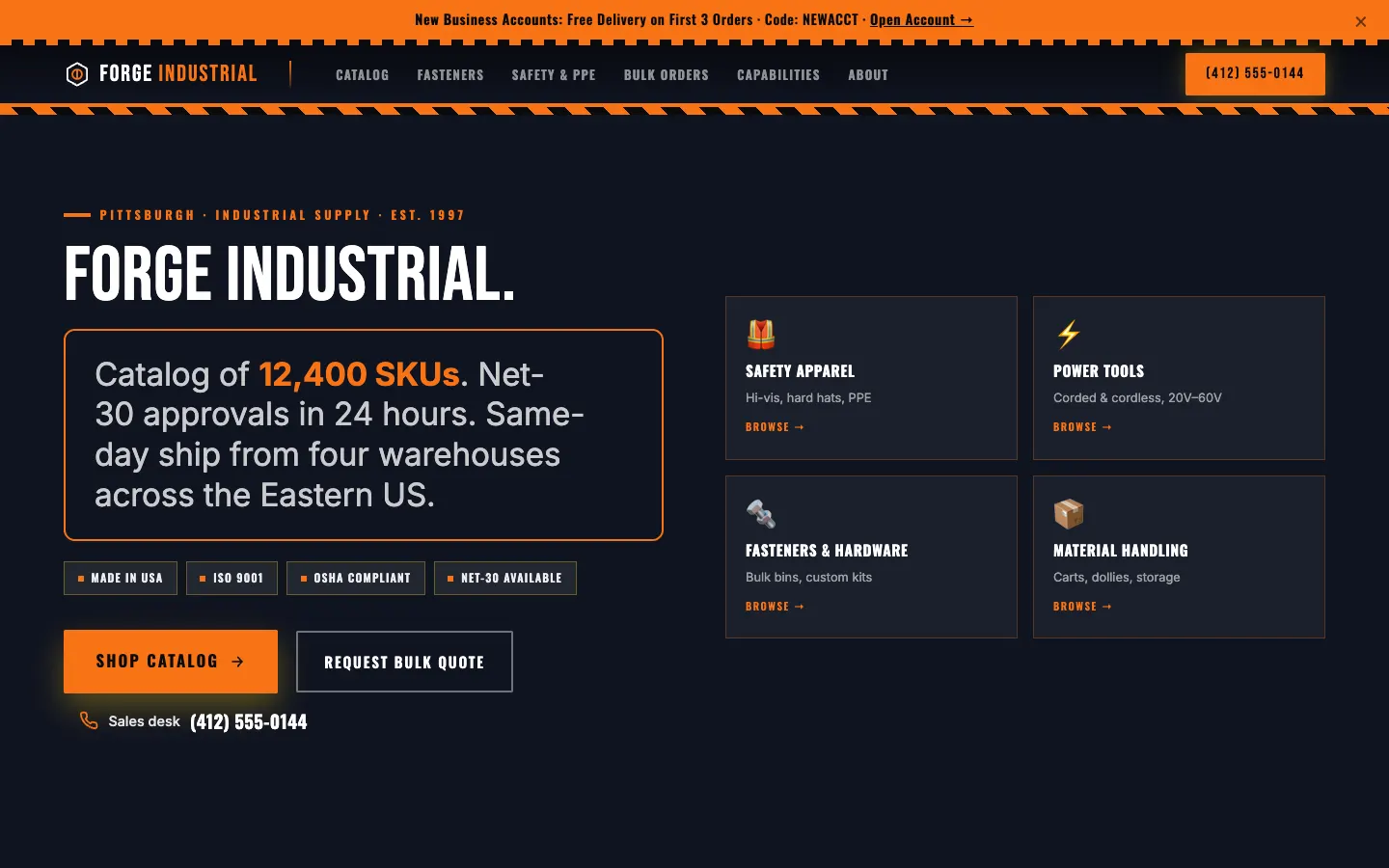 Screenshot of Forge Industrial Supply, a Industrial Supply website built on WorkspaceCMS — Net-30 Quote Builder.