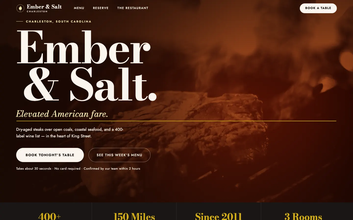 Screenshot of Ember & Salt, a Restaurant / Hospitality website built on WorkspaceCMS — Reservation + Private Dining Flow.