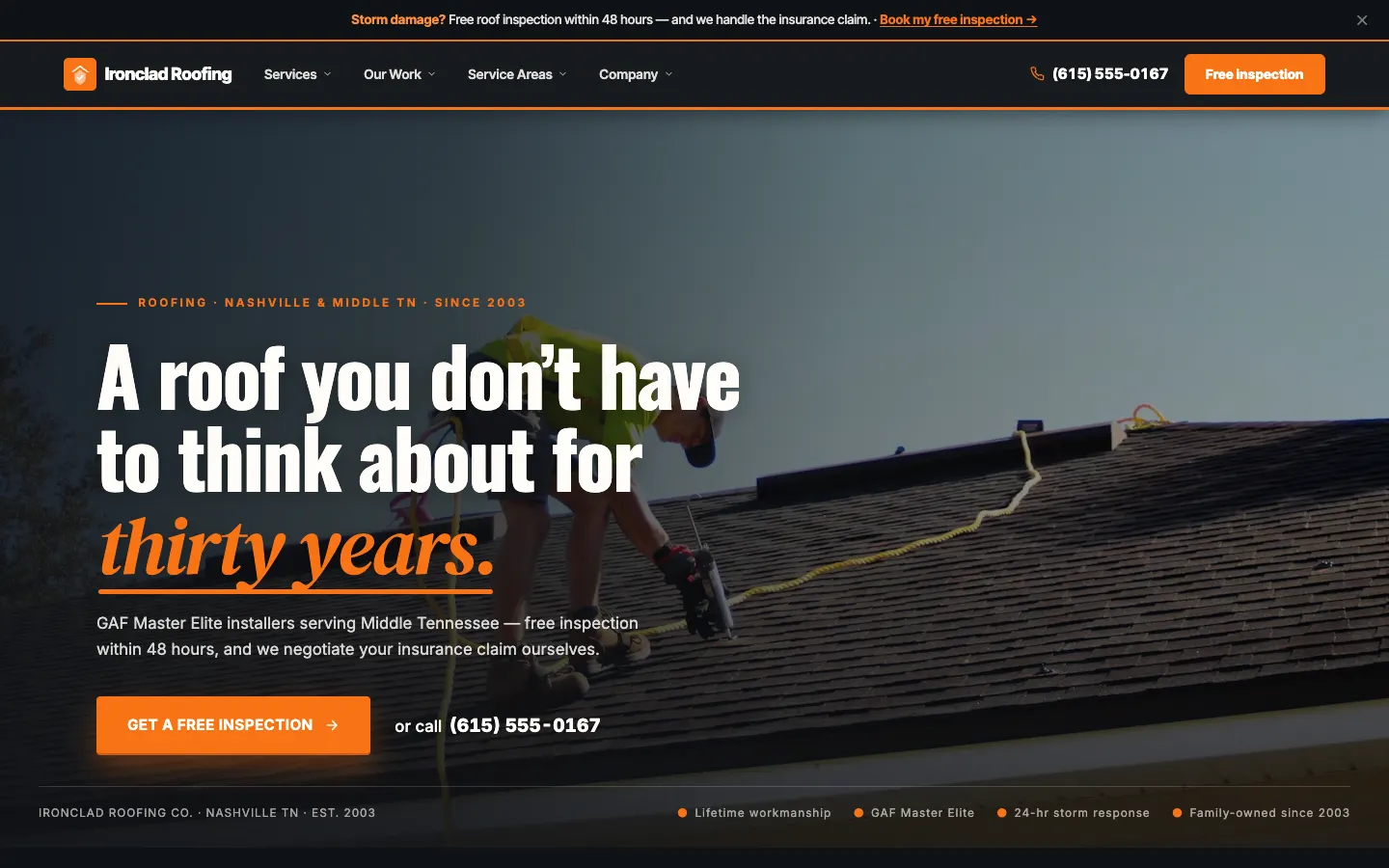 Screenshot of Ironclad Roofing Co., a Roofing website built on WorkspaceCMS — Storm Before/After Gallery.
