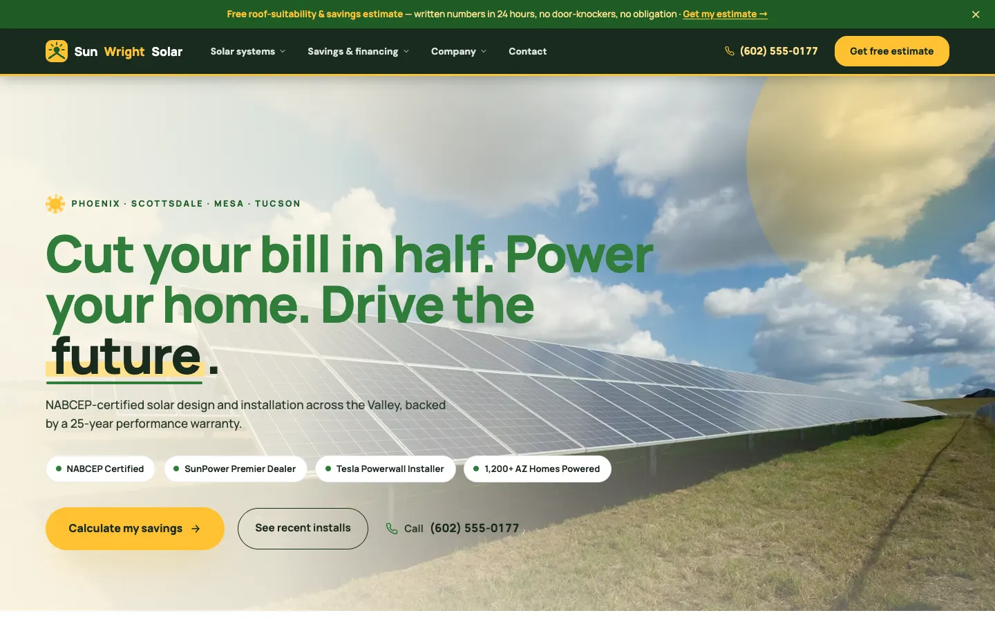 Screenshot of SunWright Solar, a Solar website built on WorkspaceCMS — Solar Savings Calculator.