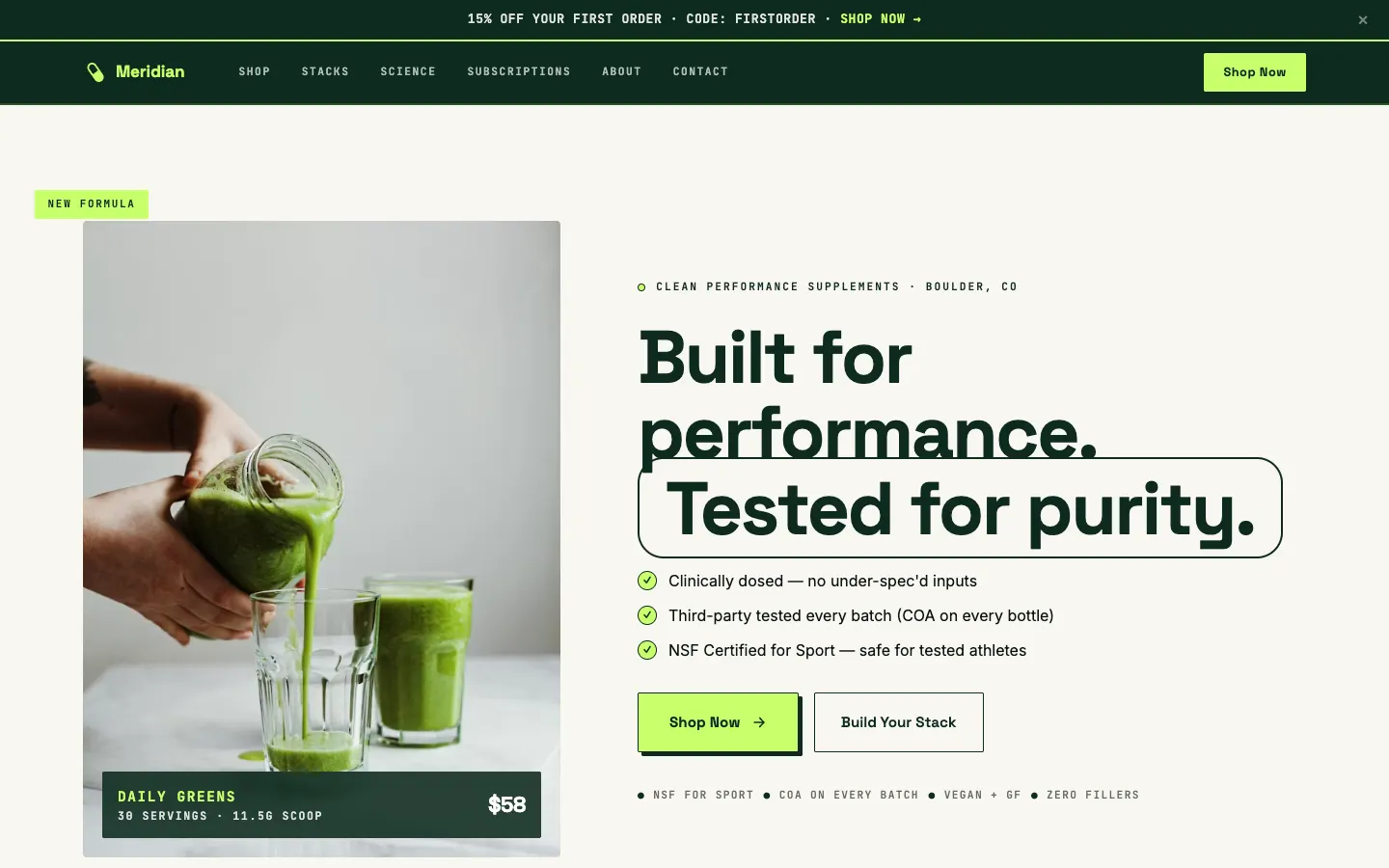 Screenshot of Meridian Nutritionals, a Supplements & Nutrients website built on WorkspaceCMS — Lab-Report Transparency.