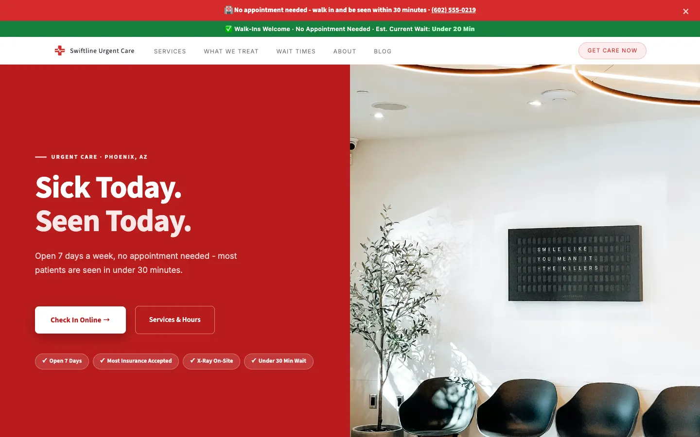 Screenshot of Swiftline Urgent Care, a Urgent Care website built on WorkspaceCMS — Live Wait Time Widget.